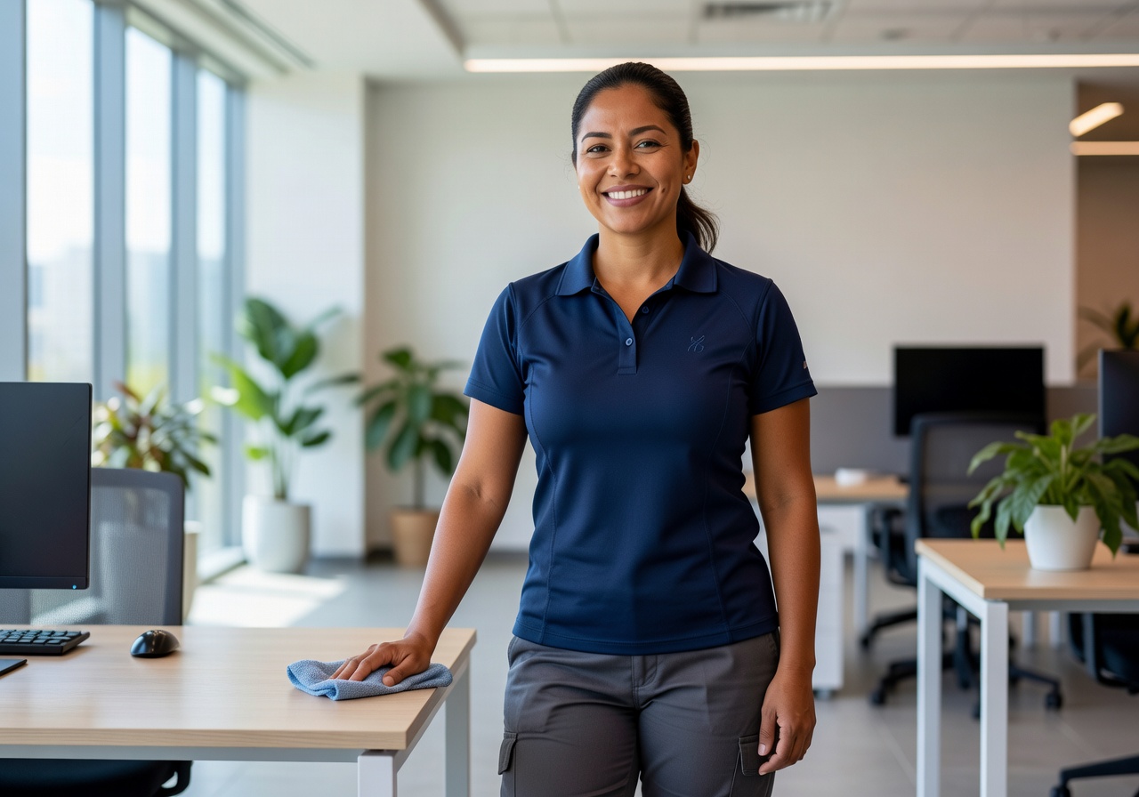 Cleaning team member smiling in an office